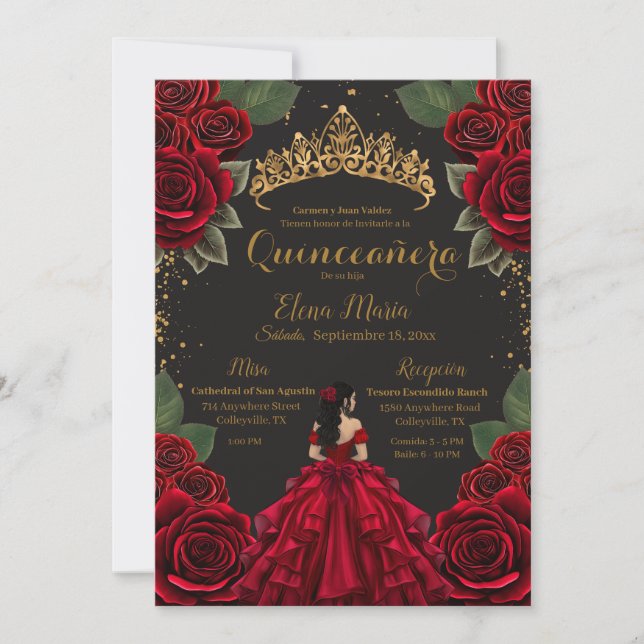 Invitación Elegante Red Black Quinceañera Rosas Purpurina de  (Anverso)