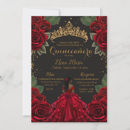 Invitación Elegante Red Black Quinceañera Rosas Purpurina de 