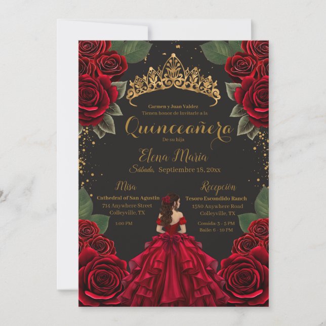 Invitación Elegante Red Black Quinceañera Rosas Purpurina de  (Anverso)