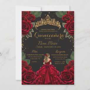 Invitación Elegante Red Black Quinceañera Rosas Purpurina de