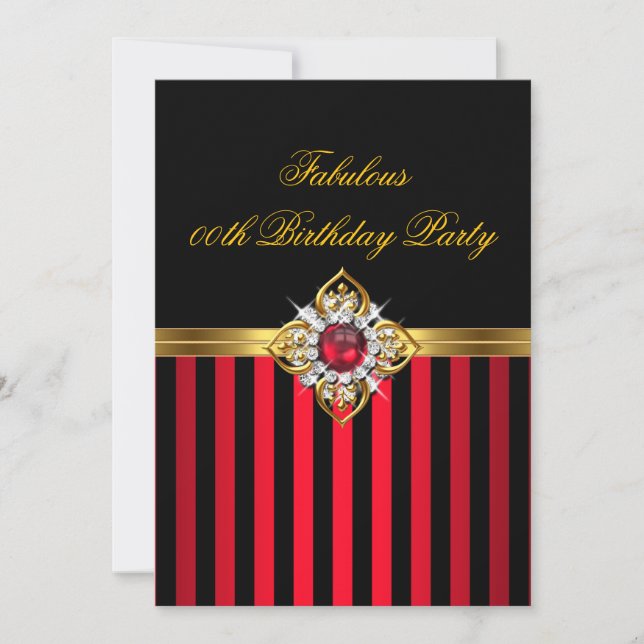 Invitación Elegante Red Black Stripe Gold Red Pearl Cumpleaño (Anverso)