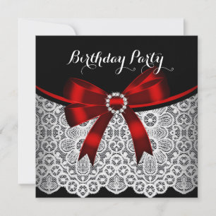 Invitación Elegante Red Bow Black Lace White Birday Party 2