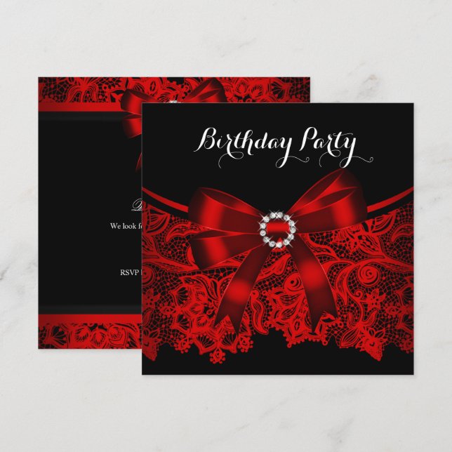 Invitación Elegante Red Bow Black Lace White Birday Party 4 (Anverso / Reverso)
