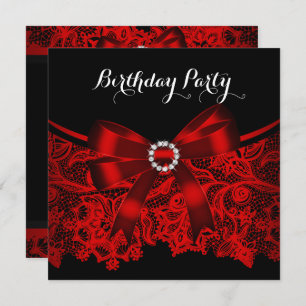 Invitación Elegante Red Bow Black Lace White Birday Party 4