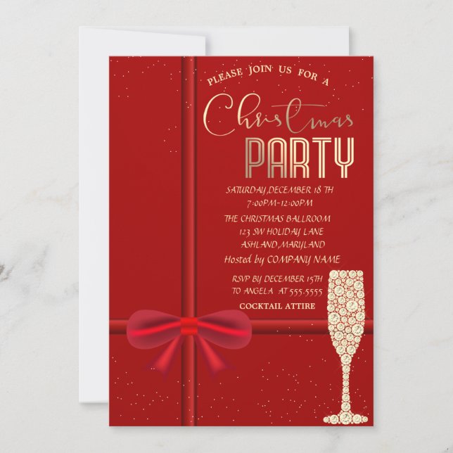 Invitación Elegante Red Bow, Champagne Glass Navidad Company (Anverso)