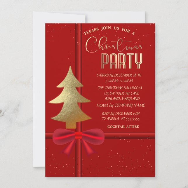 Invitación Elegante Red Bow, Compañía de Navidades de Árboles (Anverso)