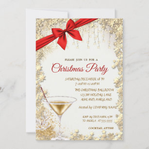 Invitación Elegante Red Bow, Gold Glass, Stars Company Navida