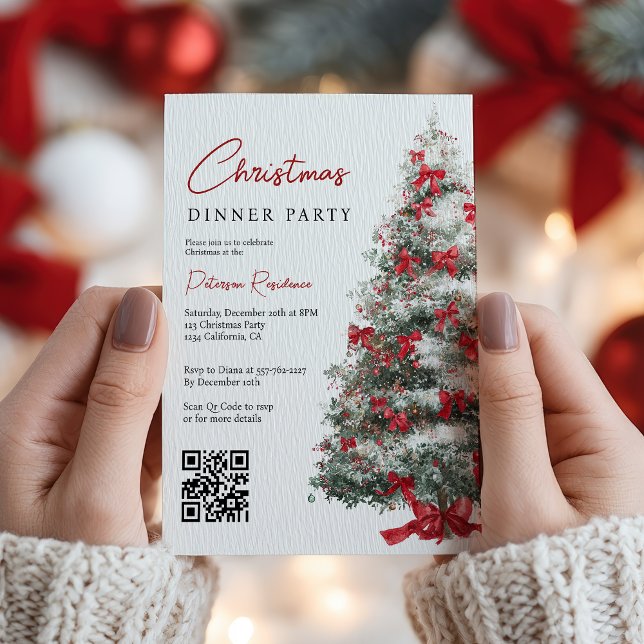 Invitación Elegante Red Bows Fiesta de código QR Árbol de Nav (Elegant Red Bows Christmas Tree QR Code Party Invitation)
