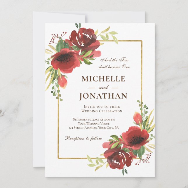 Invitación Elegante Red Floral Gold Frame Christian Boda (Anverso)