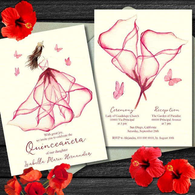 Invitación Elegante Red Floral Lily Watercolor Quinceañera (Subido por el creador)