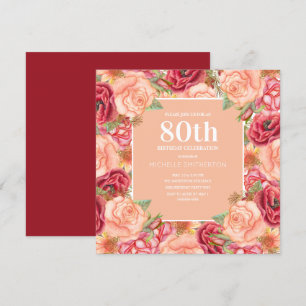Invitación Elegante Red Floral Rosa 80ª Fiesta de Cumpleaños