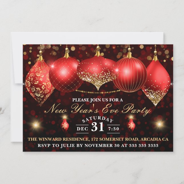 Invitación Elegante Red & Gold Baubles Nochevieja (Anverso)
