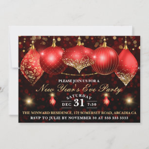 Invitación Elegante Red & Gold Baubles Nochevieja