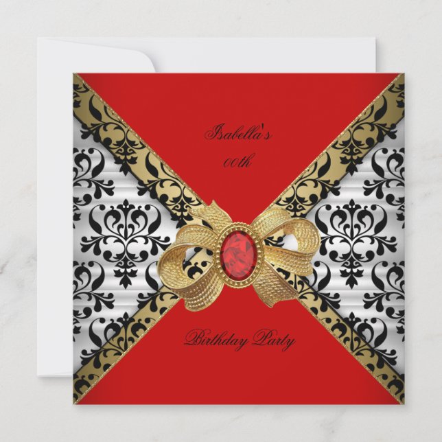 Invitación Elegante Red Gold Black Damask Diamond Fiesta (Anverso)