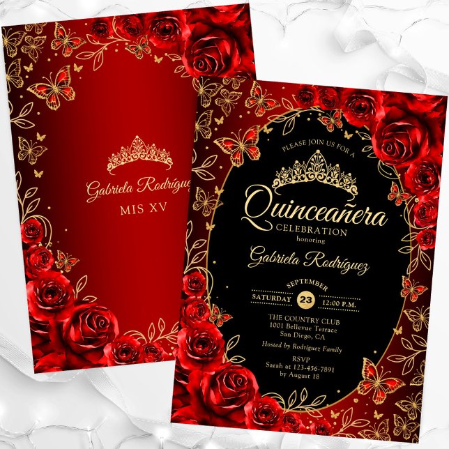 Invitación Elegante Red Gold Black Quinceanera (Subido por el creador)