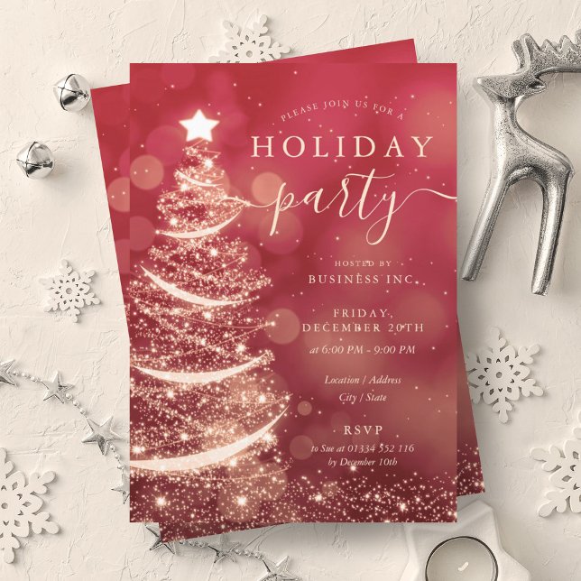 Invitación Elegante Red Gold Christmas Tree Company Holiday (Elegant Red Gold Christmas Tree Company Holiday Invitation)