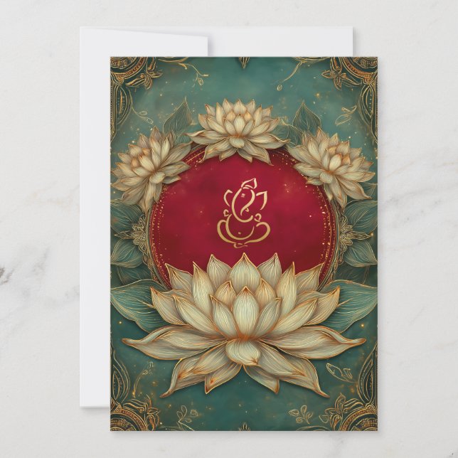 Invitación Elegante Red Gold Ganesha/Indian Lotus Boda (Anverso)