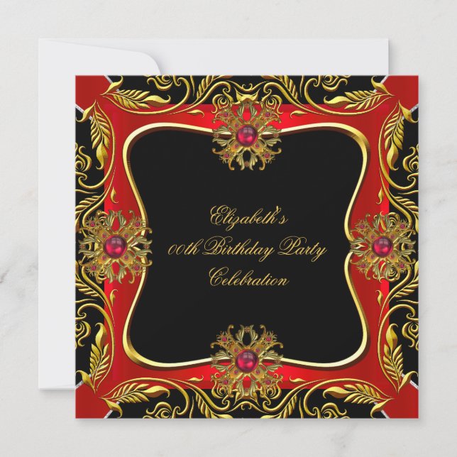 Invitación Elegante Red Gold Jewel Black Birthday Party (Anverso)