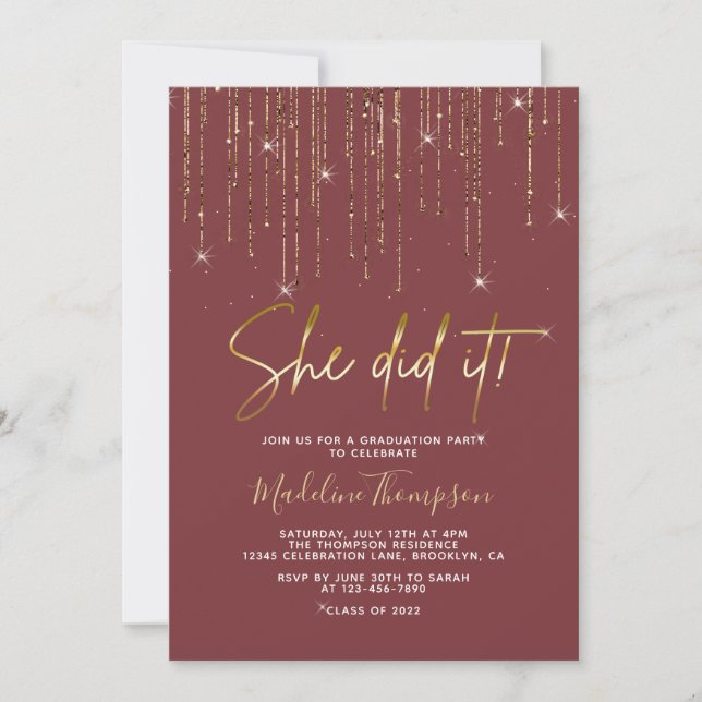 Invitación Elegante Red Gold Sparkling Lo hizo Graduación (Anverso)