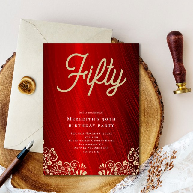 Invitación Elegante Red Gold Swirl Fiesta de cumpleaños 50 (Subido por el creador)