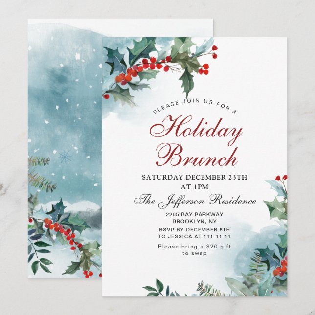 Invitación Elegante Red Holly Berry Navidades Holiday Brunch (Anverso / Reverso)