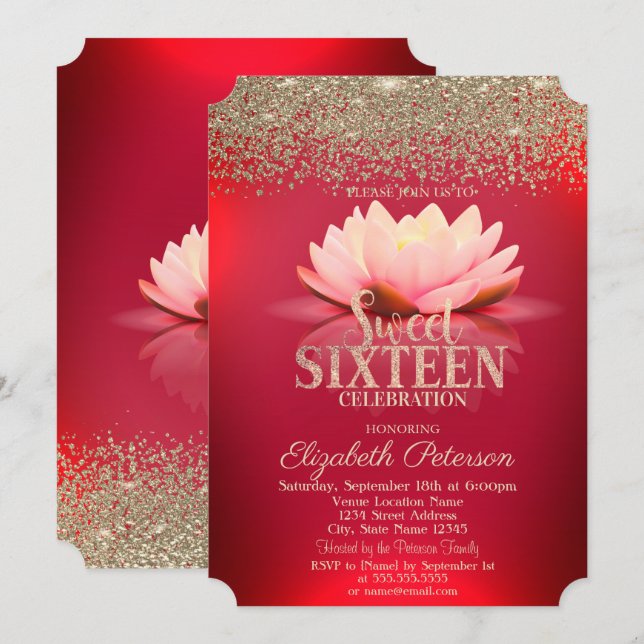 Invitación Elegante Red Lotus Gold Confetti Diamond Sweet 16 (Anverso / Reverso)