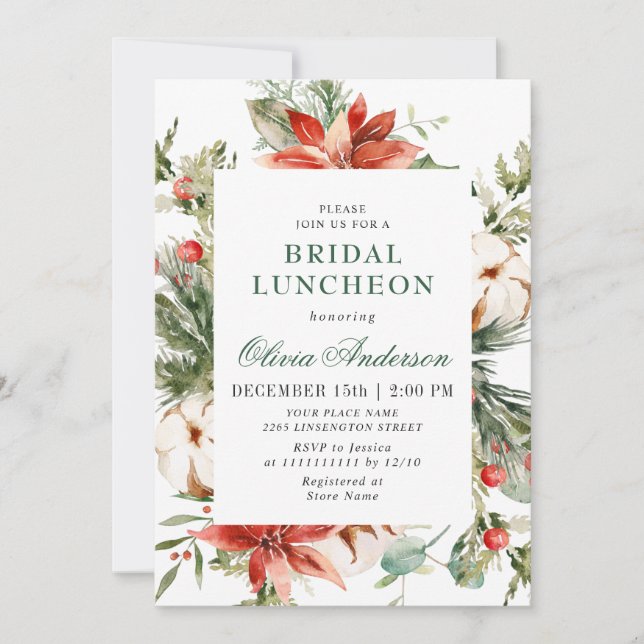 Invitación Elegante Red Poinsettia Watercolor Bridal LUNCHEON (Anverso)