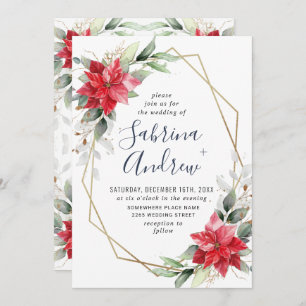 Invitación Elegante Red Poinsettia Winter Greenery Boda Inv