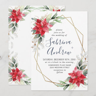 Invitación Elegante Red Poinsettia Winter Greenery Boda Inv