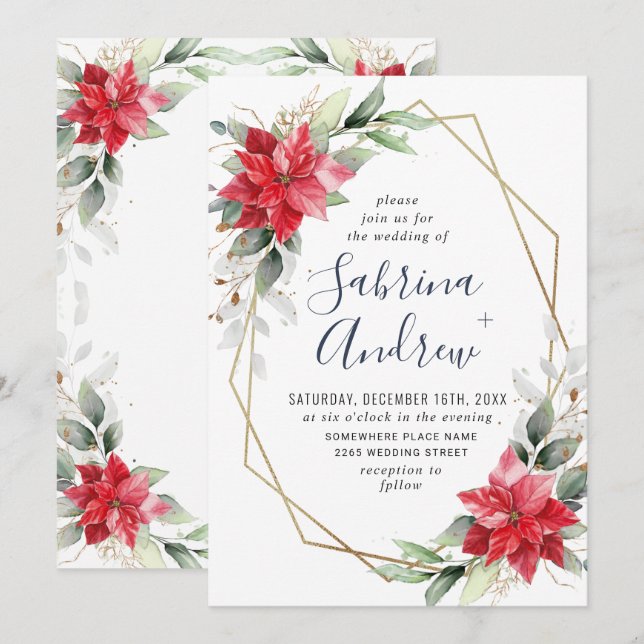 Invitación Elegante Red Poinsettia Winter Greenery Boda Inv (Anverso / Reverso)