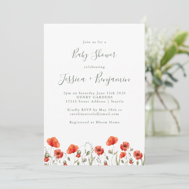 Invitación Elegante Red Poppy Garden Floral Baby Shower (Anverso de pie)