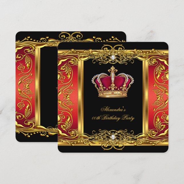 Invitación Elegante Red Red Black Gold Queen Cumpleaños 3 (Anverso / Reverso)