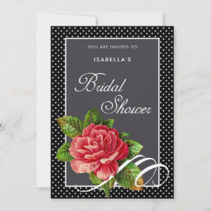 Invitación Elegante Red Rose Black Polka Dots Bridal Shower