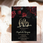 Invitación Elegante Red Roses Gothic 50 cumpleaños<br><div class="desc">Elegantes rosas rojas de moda sobre fondo negro.</div>