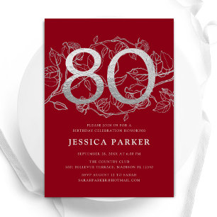 Invitación Elegante Red Silver 80 cumpleaños