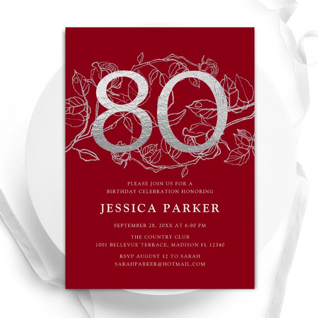 Invitación Elegante Red Silver 80 cumpleaños (Subido por el creador)