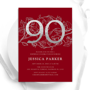 Invitación Elegante Red Silver 90 cumpleaños