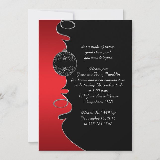 Invitación Elegante Red Silver Swirls Fiesta de Navidades neg (Anverso)