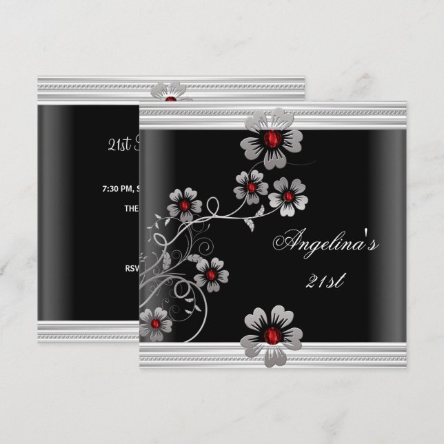 Invitación Elegante Red White Black 21ª Flores de cumpleaños (Anverso / Reverso)