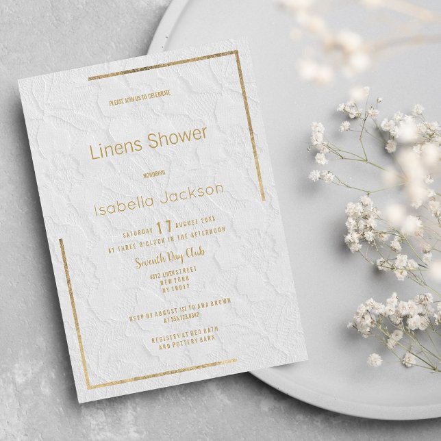 Invitación Elegante regadera de lino de encaje floral de oro  (Elegant white gold floral lace Linens Shower )