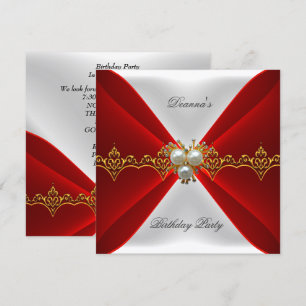 Invitación Elegante Regio Rojo Cumpleaños Oro Joya Blanca Sed