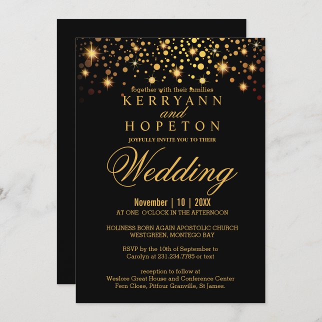 Invitación Elegante Relieve metalizado Black and Gold Faux In (Anverso / Reverso)
