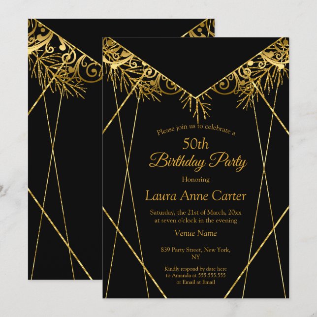 Invitación Elegante Relieve metalizado Black Gold Faux 50 cum (Anverso / Reverso)