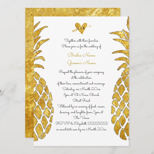 Invitación elegante Relieve metalizado de oro FAUX boda de ve (Anverso / Reverso)