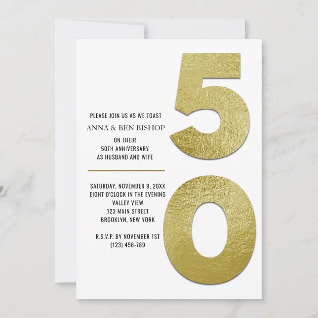 Invitación Elegante Relieve metalizado dorado 50° aniversario (Anverso)