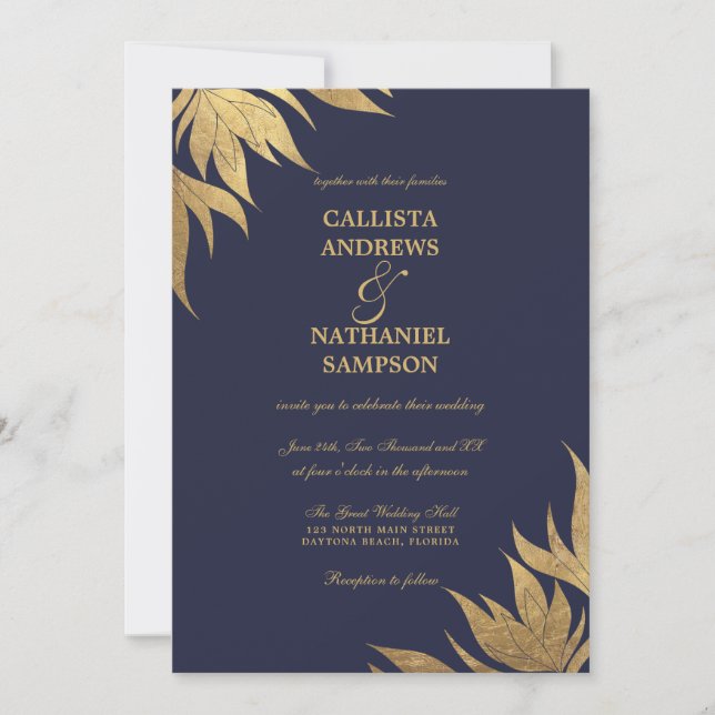 Invitación Elegante Relieve metalizado dorado azul de la Mari (Anverso)