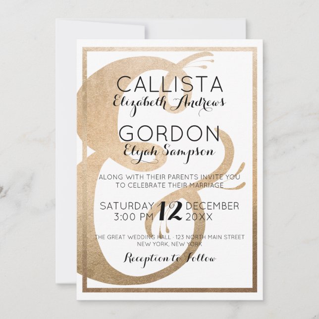 Invitación Elegante Relieve metalizado dorado blanco Ampersan (Anverso)