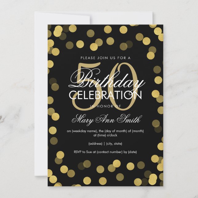 Invitación Elegante Relieve metalizado dorado Confetti 50 cum (Anverso)