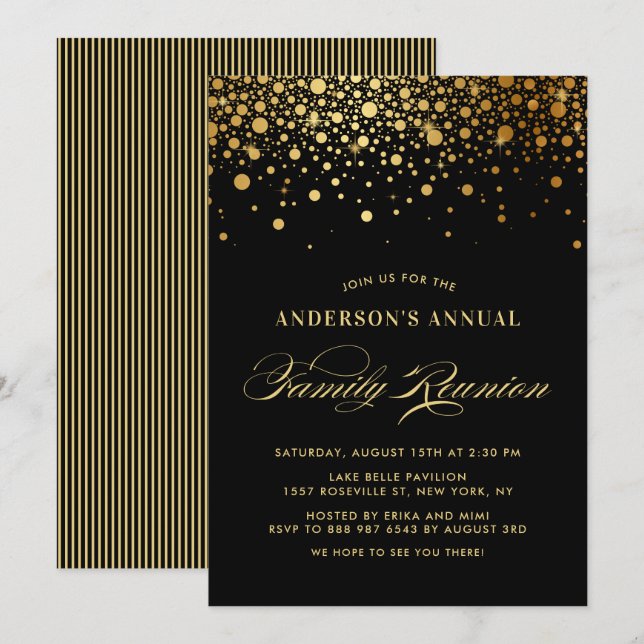 Invitación Elegante Relieve metalizado dorado Confetti Reunió (Anverso / Reverso)