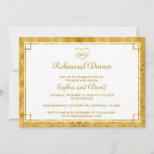 Invitación Elegante Relieve metalizado dorado Corazón REHEARS (Anverso)